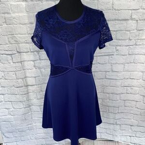 Express women L navy blue fit & flare short sleeve above knee solid/lace dress